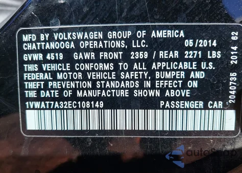 2014 Volkswagen Passat 1.8T Wolfsburg Edition from USA, damaged, VIN 1VWAT7A32EC108149